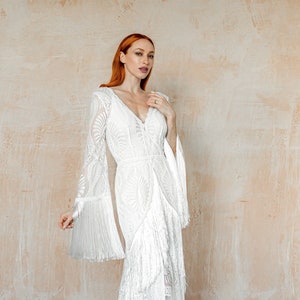 Boho wedding dress, long wide sleeve, lace wedding dress with tassels, bohemian elopement fringe kimono style wedding dress, style BLAIR