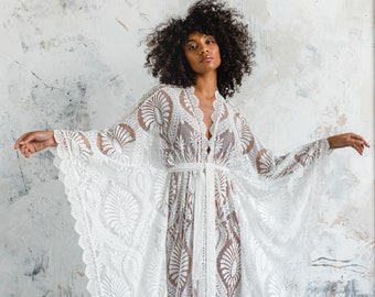 Boho lace kaftan, elopement beach caftan, maternity lace robe, bridal lace robe, lace kaftan wedding dress, getting ready robe  style MARGOT