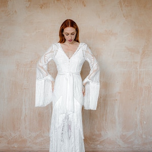 Ready to ship boho wedding dress, with long sleeves,1970&#39;s style lace wedding dress with tassels, fringe wedding dress, style BLAIR