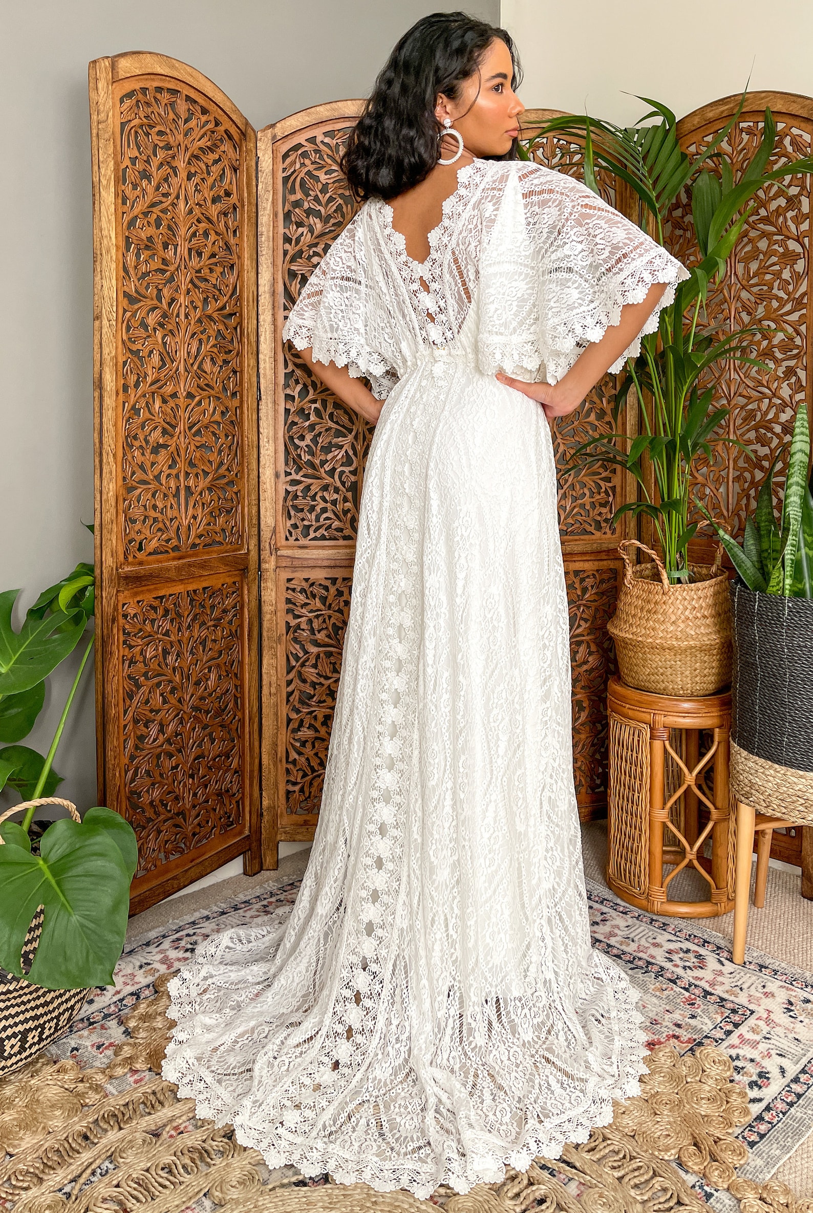 Boho Wedding Dress With Short Flutter Sleeves Elopement | Etsy UK