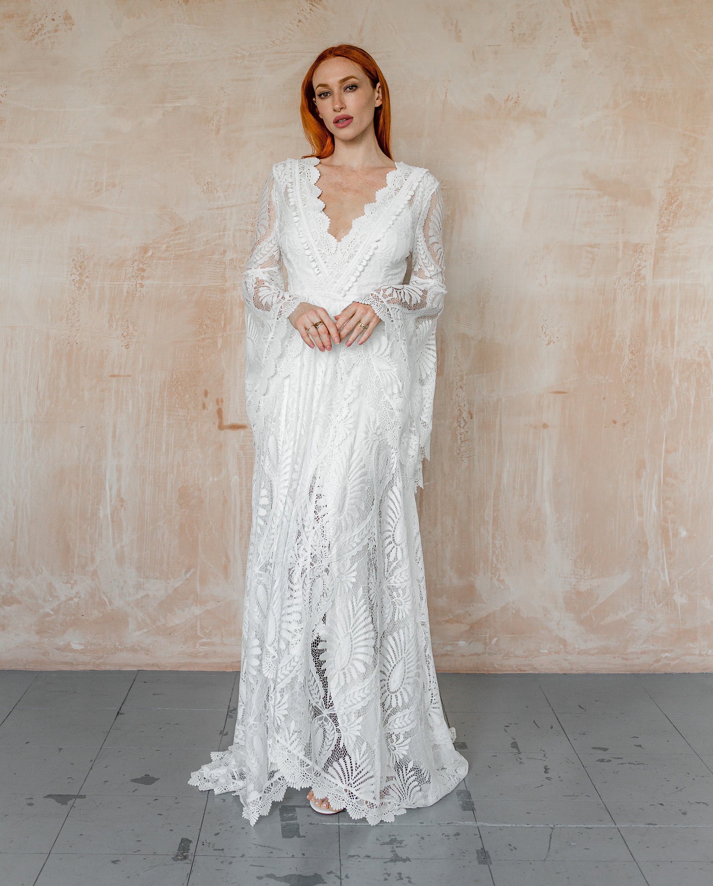 Lace Boho Wedding Dress With Long Wide Sleeves Elopement - Etsy Australia