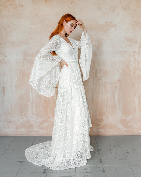Boho wedding dress with bell long sleeves casual wedding dress elopement wedding dress best selling lace wedding dress STYLE ALANNA