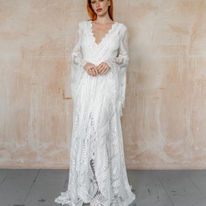Lace Boho Wedding Dress With Long Bell Sleeves Wrap Dress - Etsy