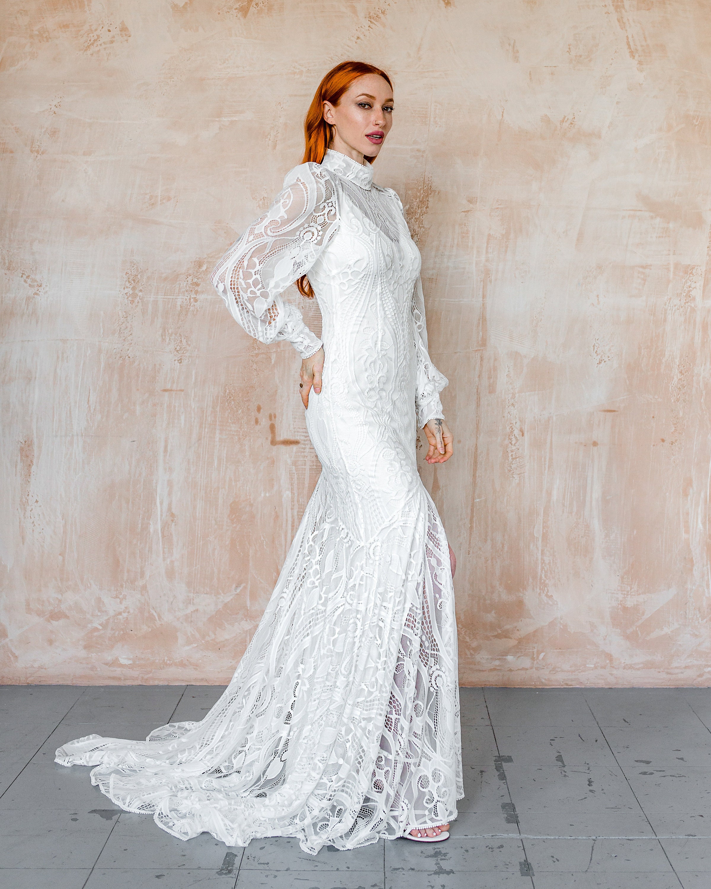 High neck bohemian lace wedding dress Modern mock neck long sleeve boho wedding dress elopement dress with low V back STYLE DAHLIA