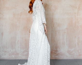 Bohemian vintage lace wedding dress, with long wide kimono sleeves, V neck A line wedding dress with empire line style LUCILLE