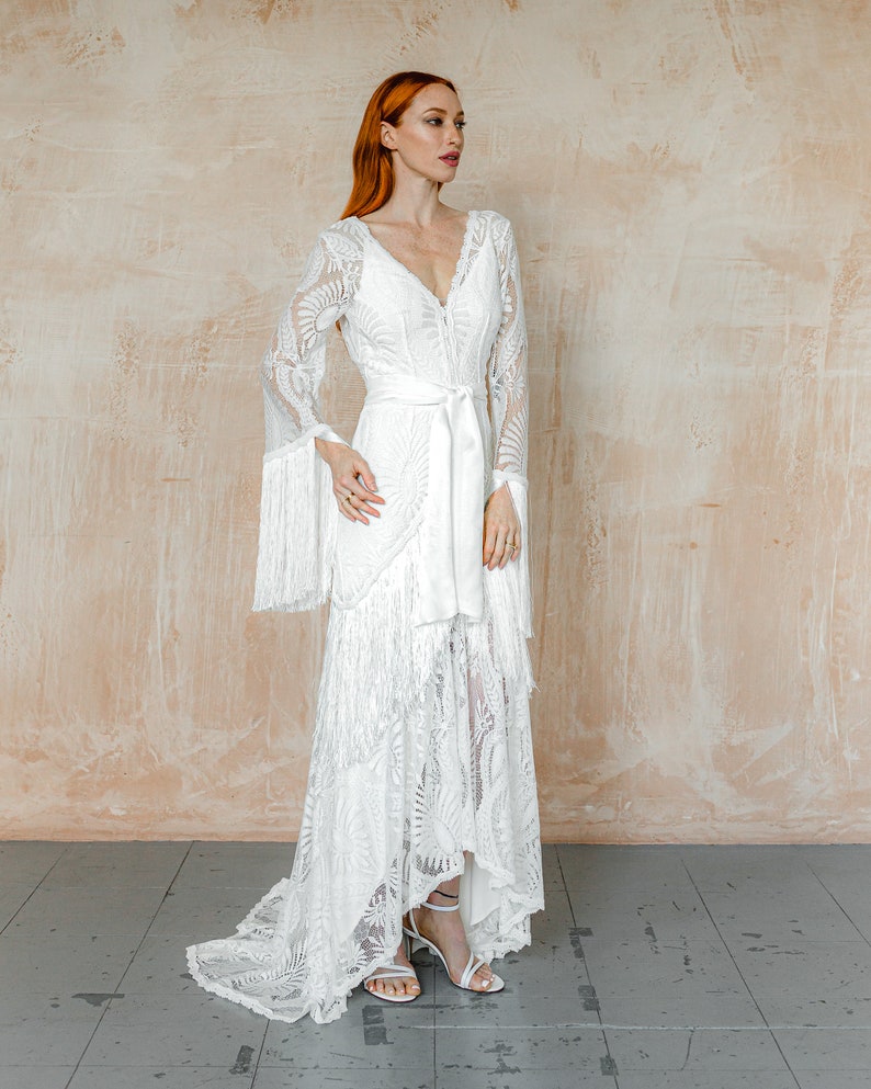 boho beach wedding dress, with wide long kimono sleeves, A line wedding dress, bibiluxe Texas