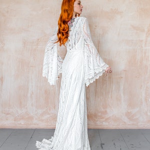 long wide sleeve wedding dress, bold lace boho wedding dress, boho wedding dress U.S, bibiluxe