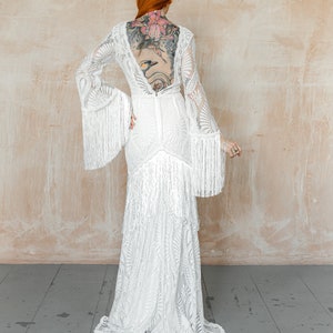 1920's flapper style wedding dress, boho fringe wedding dress, modern lace wedding dress with long kimono sleeves, bibiluxe USA