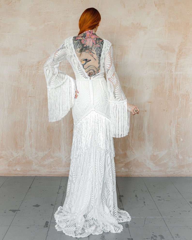 1920's flapper style wedding dress, boho fringe wedding dress, modern lace wedding dress with long kimono sleeves, bibiluxe USA