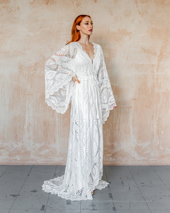 Elopement Boho Lace Wedding Dress With Long Wide Kimono | Etsy UK