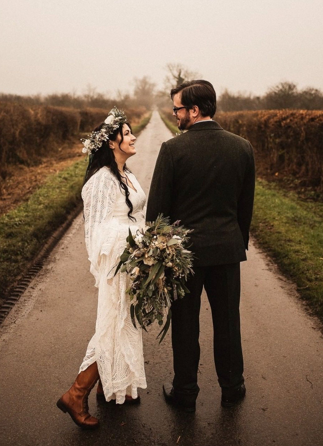 Bohemian vintage lace wedding dress, with long wide kimono sleeves, V neck A line wedding dress with empire line style LUCILLE