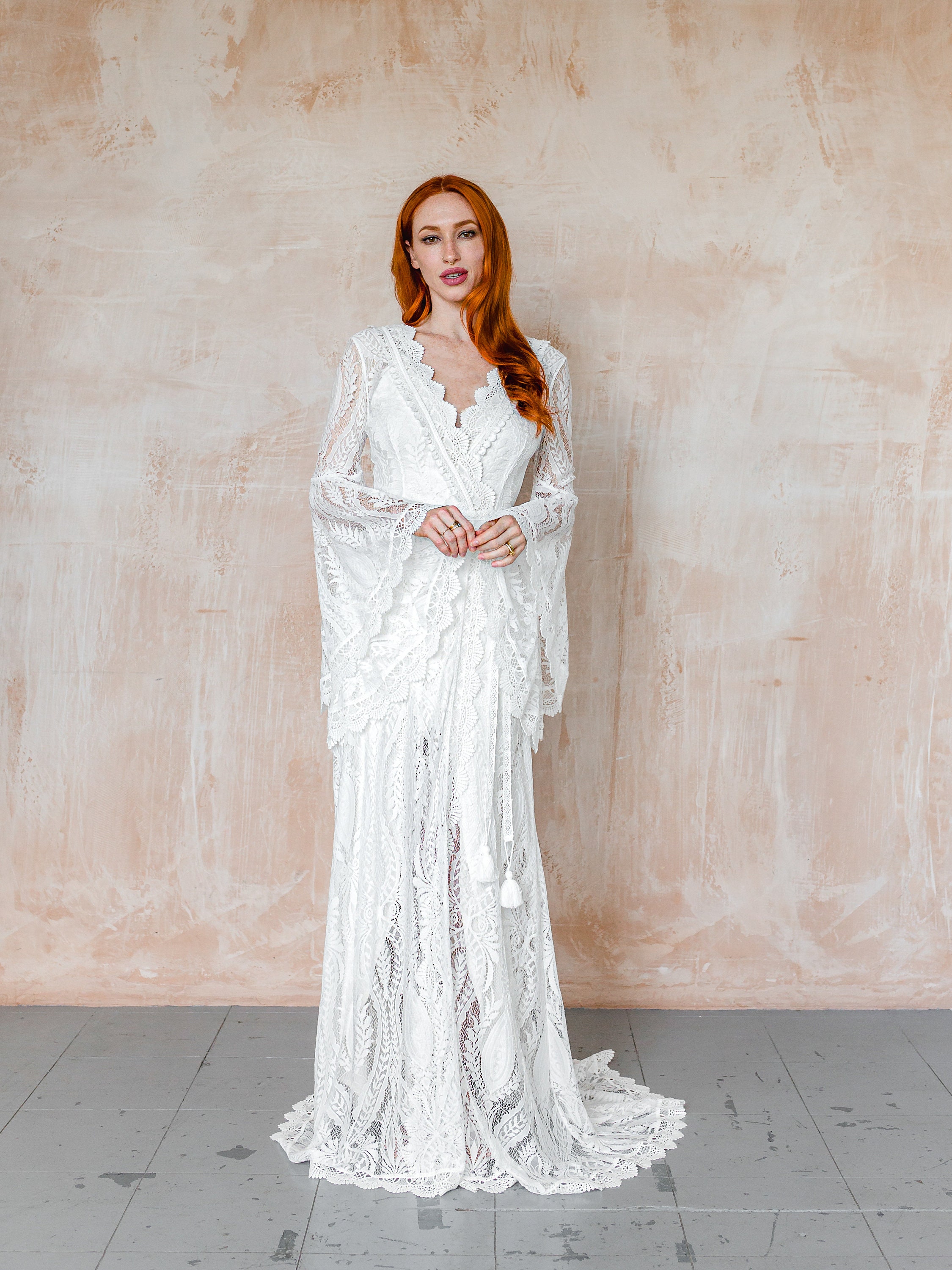 Boho Wedding Dress With Long Sleeves, Hippie Lace Wedding Dress