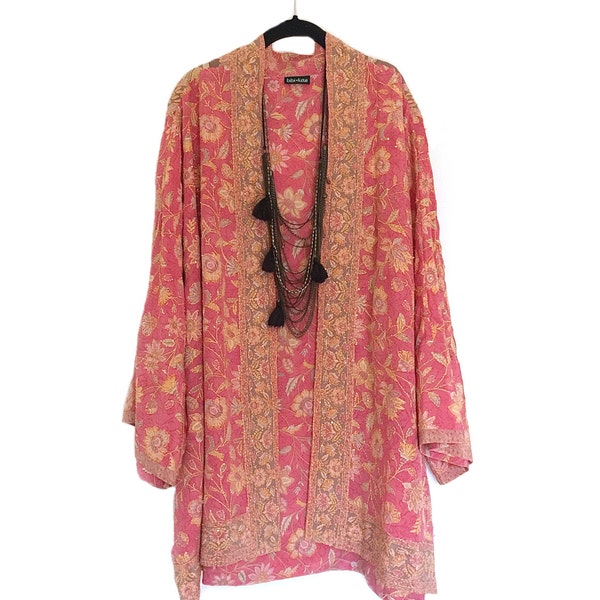 Silk Kimono jacket oversized / cocoon cover up grey and peachy pink