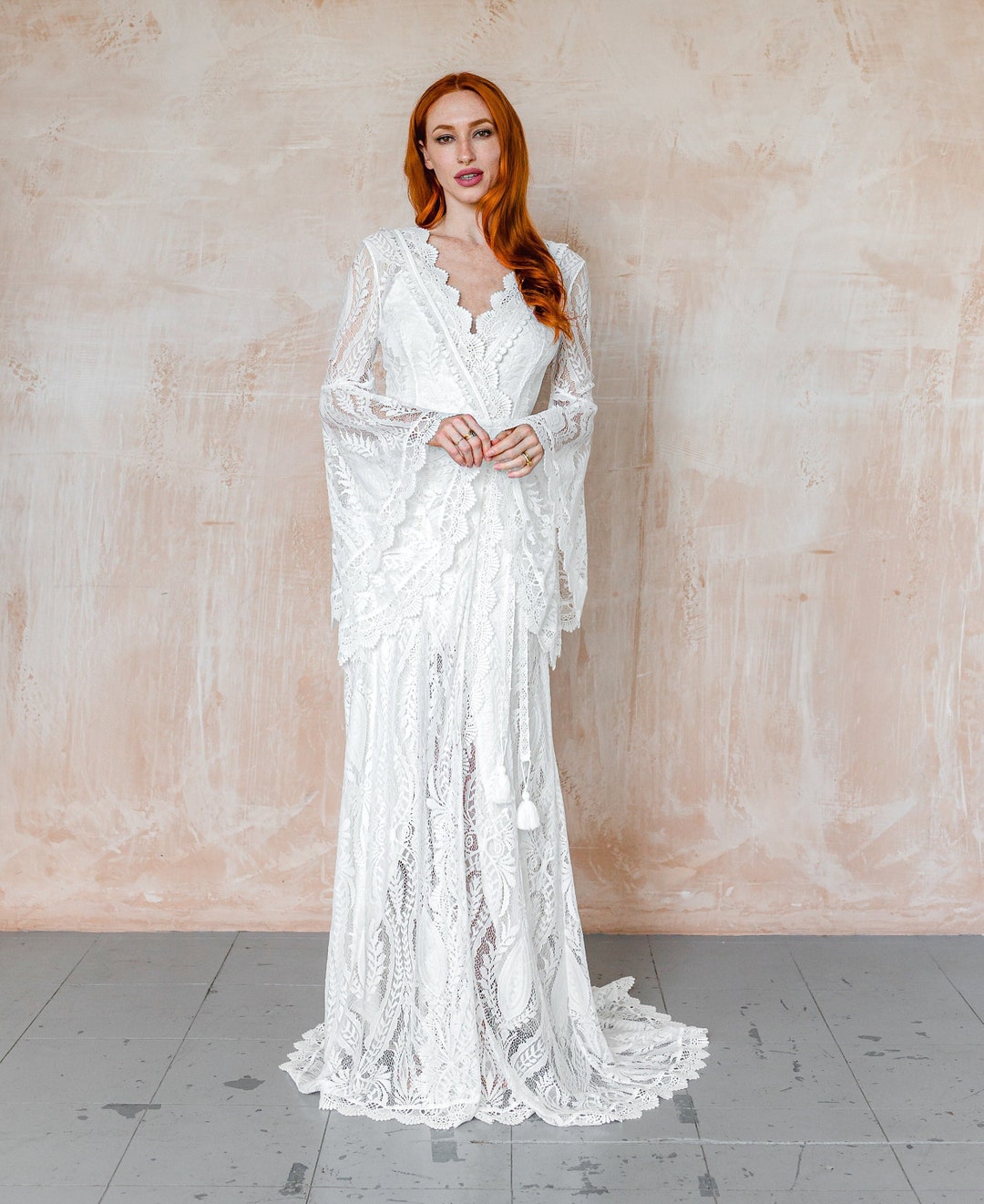 Boho Wedding Dress With Long Sleeves, Hippie Lace Wedding