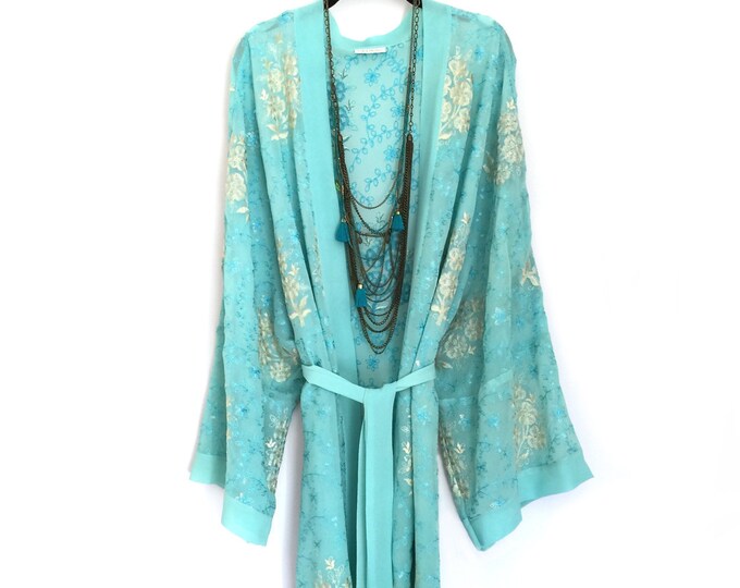 Silk Kimono Jacket Oversized Style in Turquoise Gold Etsy
