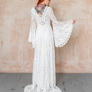 plus size boho lace wedding dress, wrap wedding dress, long wide sleeve wedding dress bibiluxe