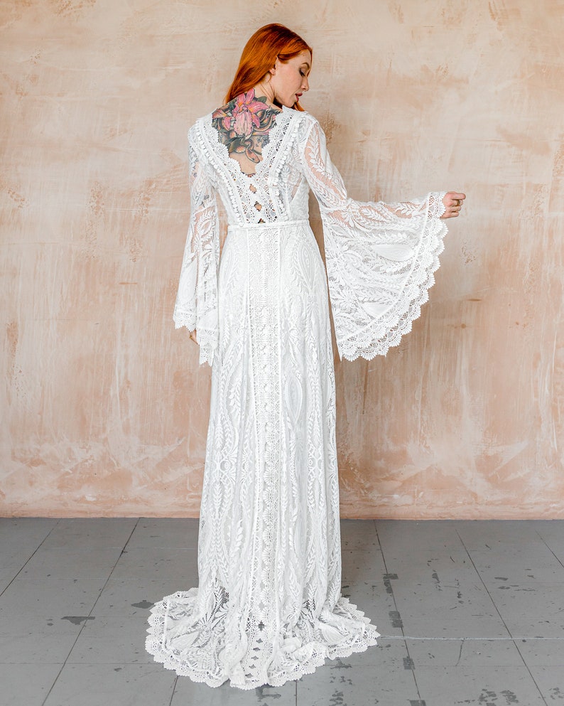 plus size boho lace wedding dress, wrap wedding dress, long wide sleeve wedding dress bibiluxe