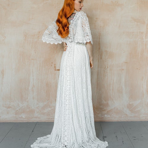 Bohemian vintage lace wedding dress, with long wide kimono sleeves, V neck A line wedding dress with empire line style LUCILLE