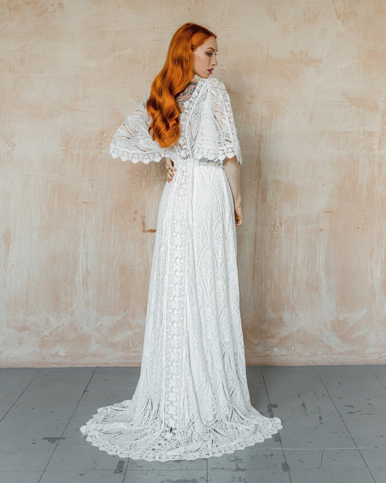 Boho wedding dress, with short flutter sleeves, elopement bohemian lace  wedding dress, boho kimono style wedding dress, style CLARA 