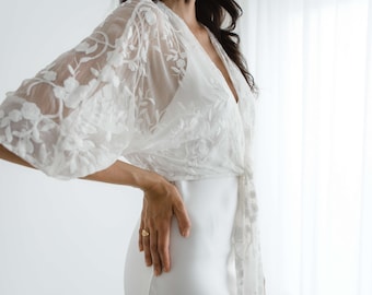 Ivory embroidered, kimono style bridal cover up, wedding dress wrap topper blouse, pure silk style MALIN