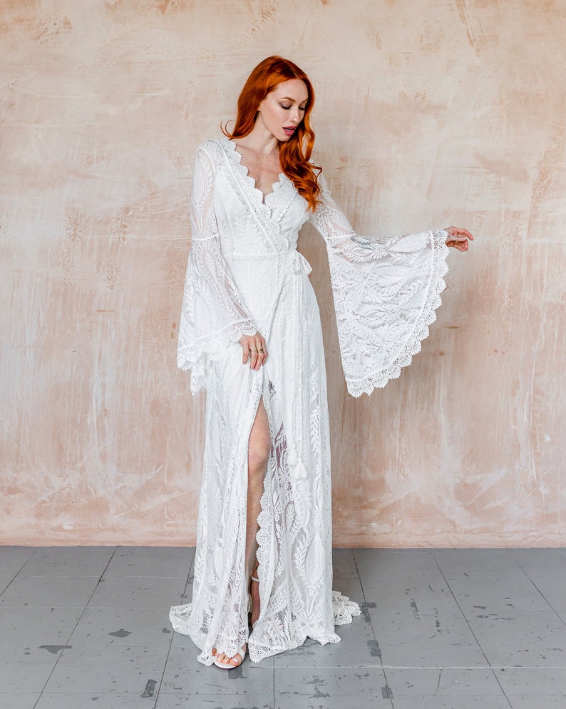 boho wedding dresses, bibiluxe, v neck lace wedding dress with long sleeves, kaftan lace wedding dress, boho wedding dress