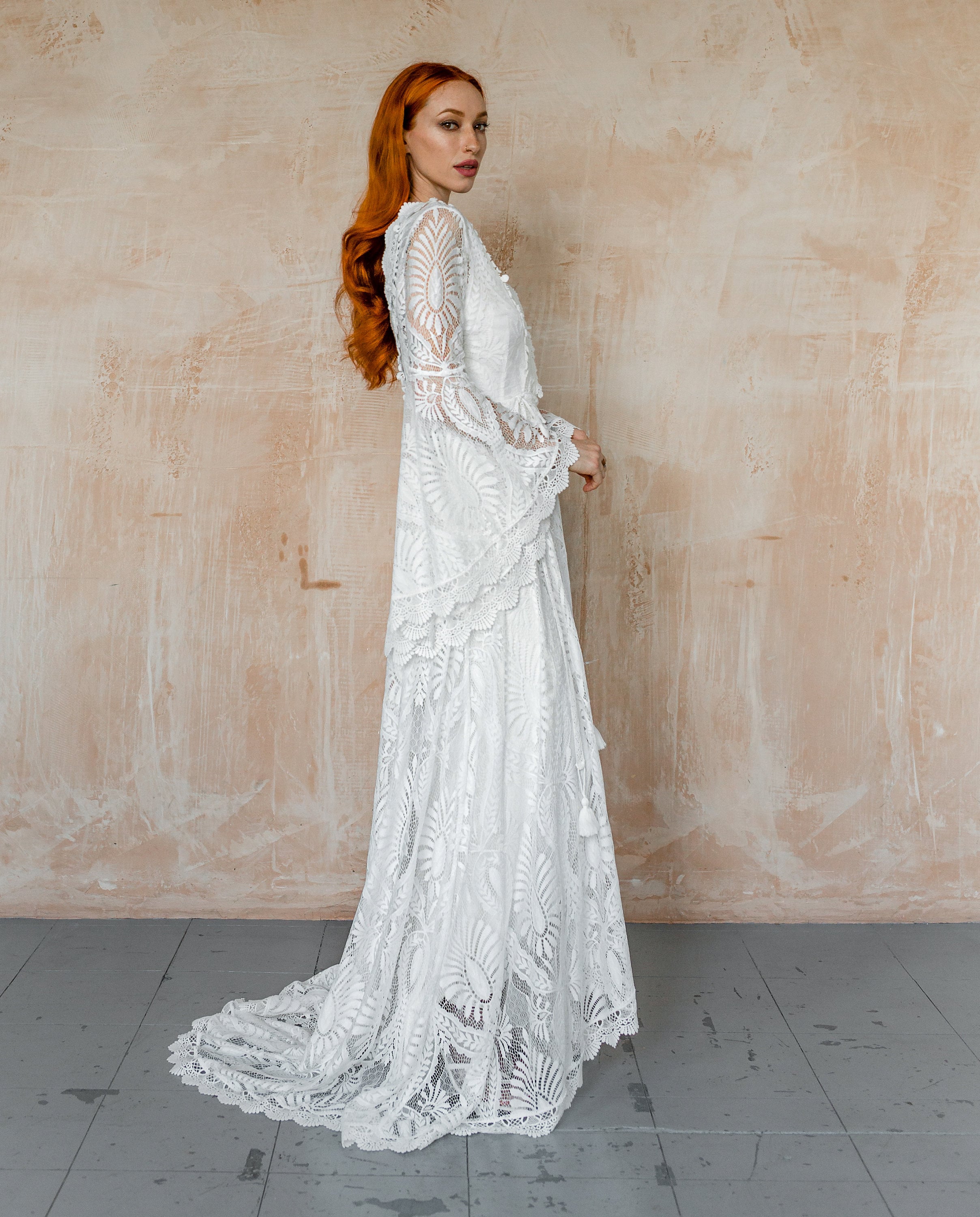 Lace Boho Wedding Dress With Long Wide Sleeves Elopement - Etsy Australia