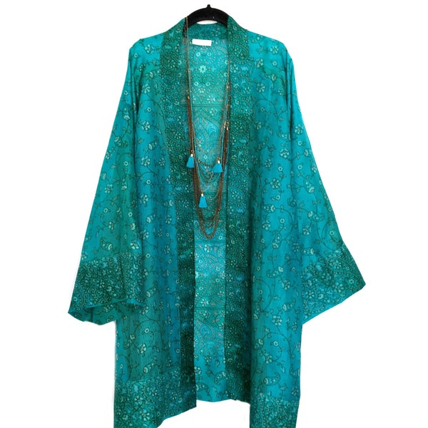 Silk Kimono jacket oversized style, in jade teal green with an indian paisley print border in pure silk.