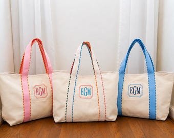 Gepersonaliseerde canvas tas | Monogram met geschulpte rand | Geborduurde draagtas | Strand, zwembad, reizen | Cadeau voor een leraar