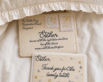 Lettre de fée des dents et enveloppe souvenir en feutre, cadeau personnalisé tradition de la première dent perdue (design minimaliste)