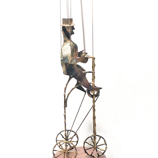 Mid Century Modern Torch Welded Victorian Man on a Tricycle Harry Bertoia or Curtis Jere Era Fine Art Sculpture
