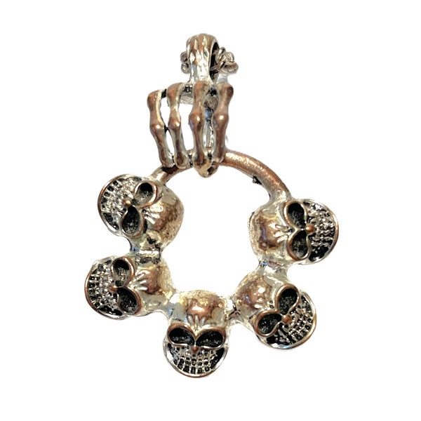 UNIQUE 1970's Era Biker & Skull Crossbones and Skeleton Hand Silverplate Bronze Mens Womans Unisex Necklace Pendant