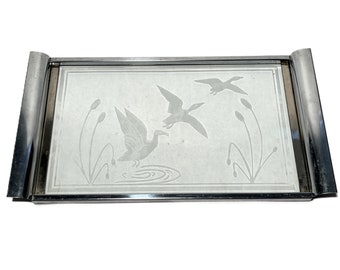 Vintage Art Deco Mallard Duck in Flight Etched & Chrome Serving Cocktail Tray