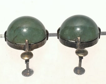 Vintage Dark Green Jade Screw Back Earrings Not Marked But Appear to Be Silver See Images for Decorative Posts