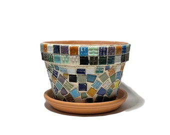 Medium Size 8" Diameter Italian Glass Squares Mosaic Terracotta Flowerpot With Saucer  Flower Pot