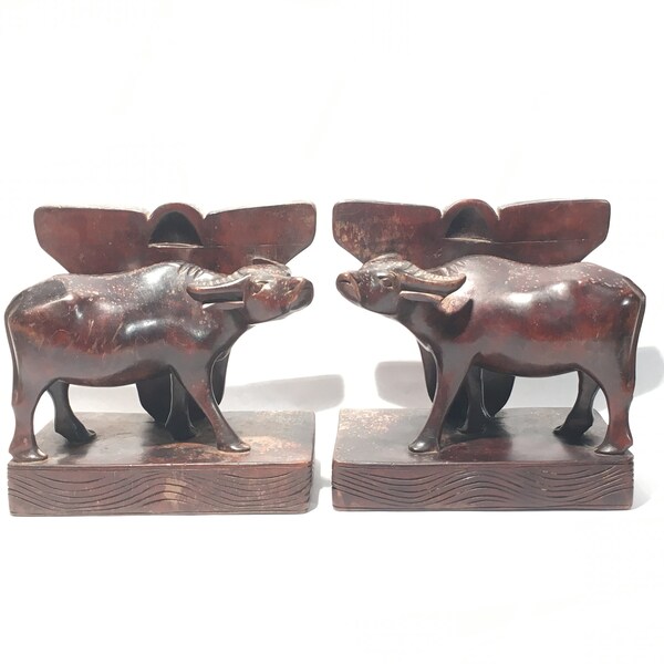 Vintage African Hand Carved Oxen Bookends 1970's Era Decor