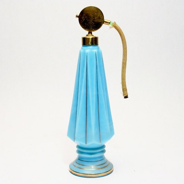 Portieux Vallerysthal PV France Blue Opaline Milk Glass 150ml Perfume Bottle 1950s Era Woman's Parfum Chanel Ricci Guerlain Era