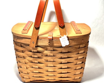 Bar Harbor Maine Artisan Oak Woven Picnic Basket With Custom Leather Details  SIGNED  F Schaefer