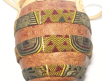 Egyptian King Tut Carved & Fabric Tufted Gourd Purse w/ Leather Details Woman's Handbag Purse