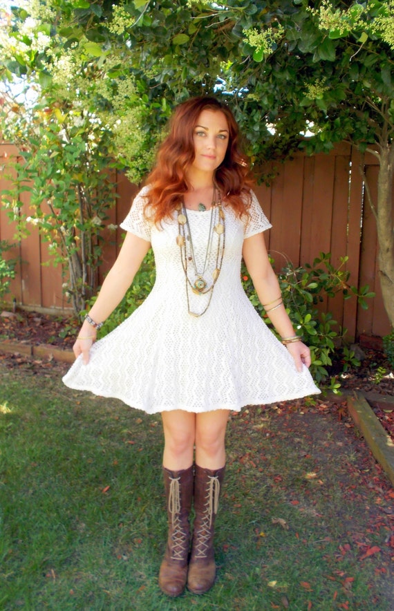Vintage off White Crochet Boho Mini Skater Dress Etsy