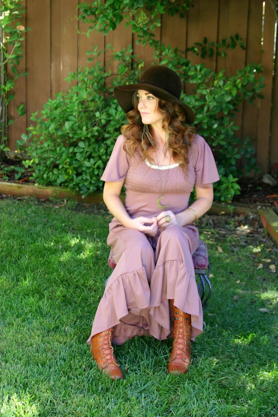 Vintage 70s Bohemian Flutter Sleeve Maxi Dress