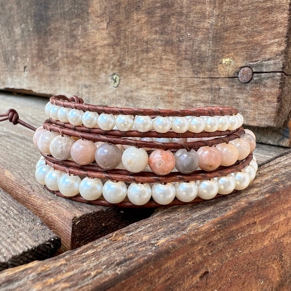 Strawberry Pearl Triple Beaded Wrap Bracelet | Beaded Wrap Bracelet | Leather Wrap Bracelet Gift | Lalabeadwraps | Bracelet