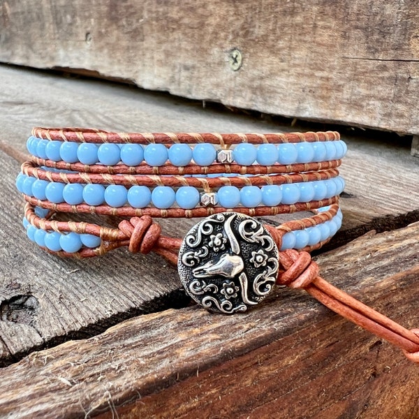 Longhorn Light Blue Western Triple Beaded Wrap Bracelet | Beaded Wrap Bracelet | Leather Wrap Bracelet Gift | Lalabeadwraps | Bracelet