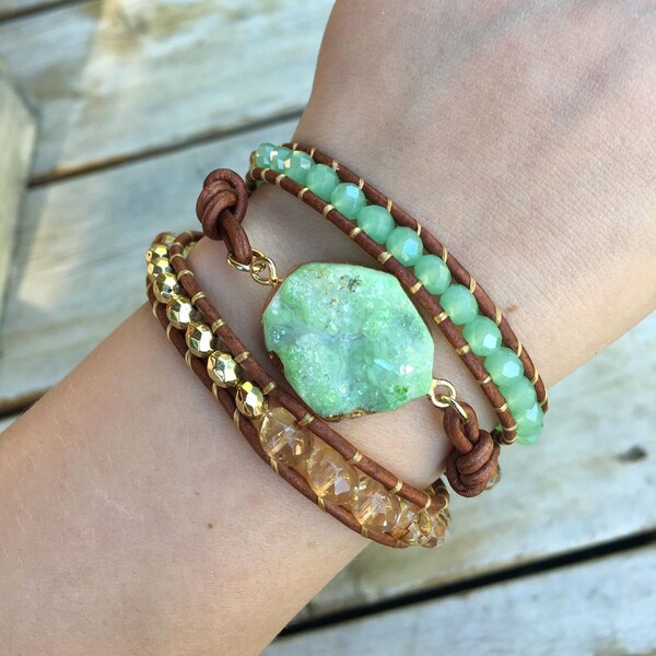 Green Druzy Beaded Triple Wrap Bracelet
