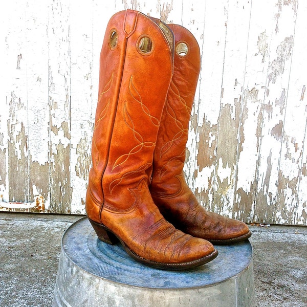 Vintage Tony Lama Buckaroo Tall Cowboy boots Men 10 D Brown Leather