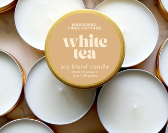 White Tea, 2 oz Gold Candle Tin, Sample Size, Travel Tin, Candle Favors