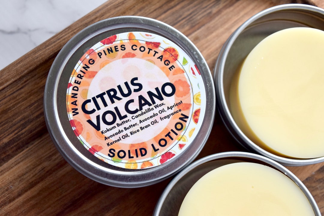 Citrus Volcano Solid Lotion Bar in a Tin, Solid Lotion for Dry Skin