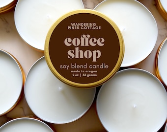 Coffee Shop, 2 oz Gold Candle Tin, Sample Size, Travel Tin, Candle Favors
