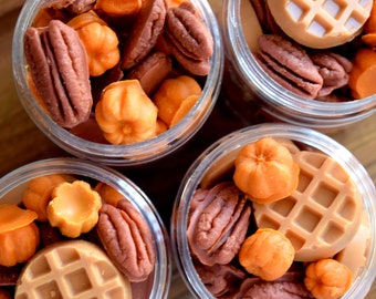 Pumpkin pecan waffles shaped wax melts in a jar, Fun Shaped wax melts, Fall scented wax melts