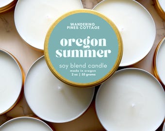 Oregon Summer, 2 oz Gold Candle Tin, Sample Size, Travel Tin, Candle Favors