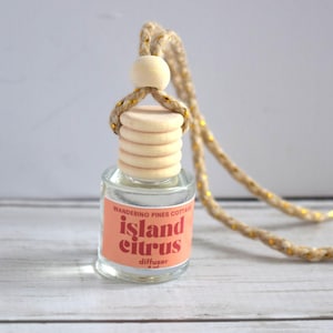 May include: A small glass diffuser bottle with a wooden cap and a rope hanger. The label reads "Island Citrus" in a coral color. The rope is beige with gold accents. The diffuser is designed for use in a car or small space.